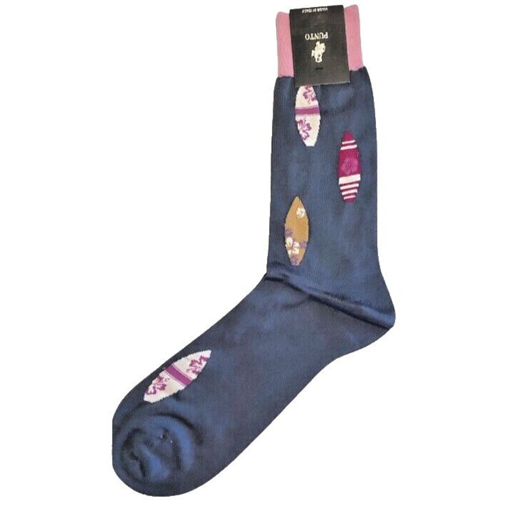 Punto Mens Italian Dress Socks Surfboards Pattern 10-13 Egyptian Cotton Blue